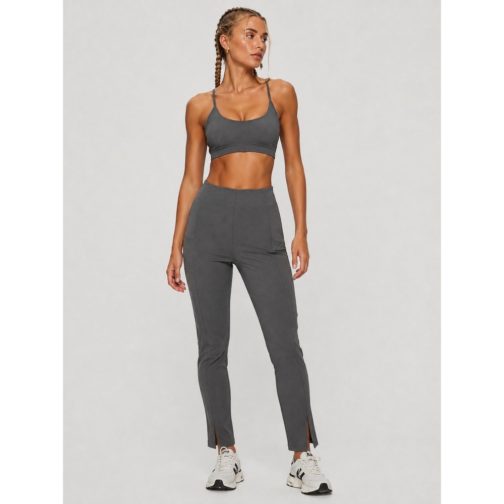 Athleta Stellar Skinny Pant Dark Grey High Rise Back Zip Ankle Slit Size 6 S